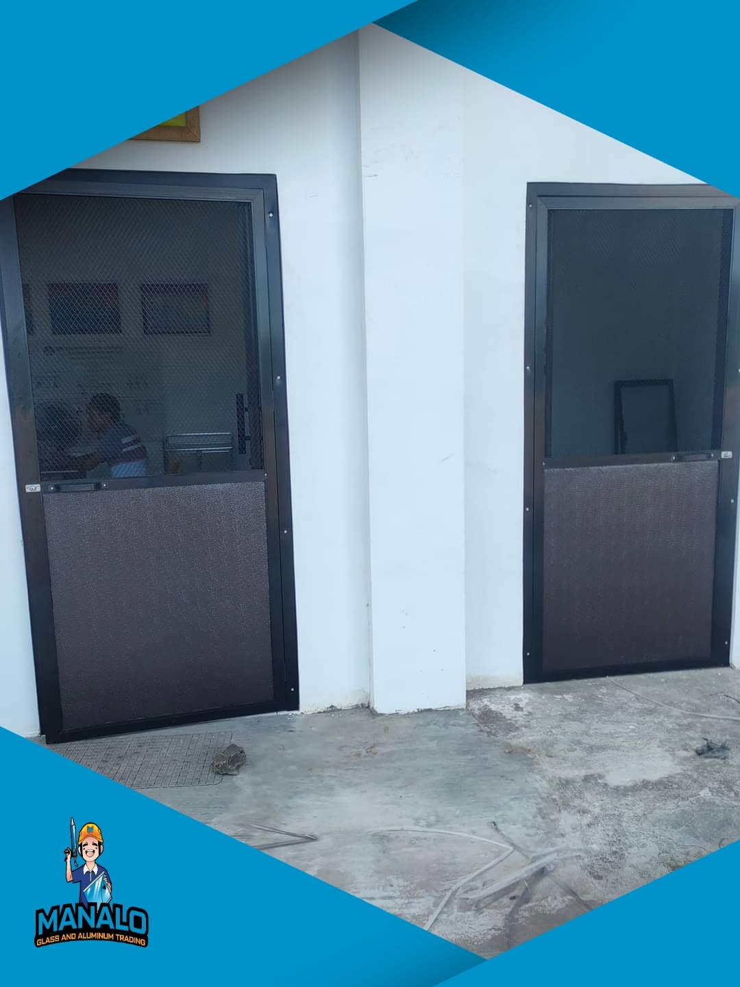 Two dark aluminum screen doors