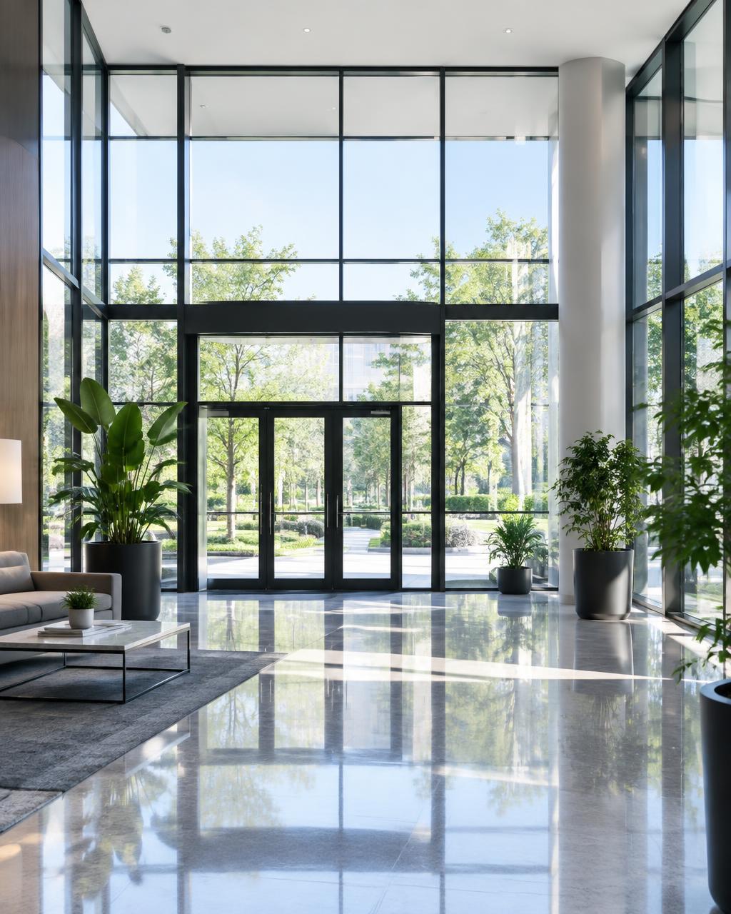 Glass lobby with aluminum framing